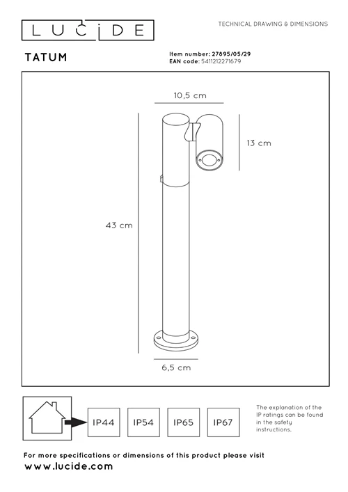 Lucide TATUM - Pollerleuchte - LED - 1x5W 3000K - IP65 - Anthrazit - technisch